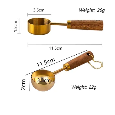 Stainless Steel Gold Plated Measuring Spoon With Wood Handle Coffee Scoop For Baking Kitchen Seasoning Tool Durable