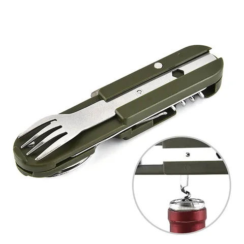 Tragbares Faltbares Edelstahl Camping Besteck Set Abnehmbarer Löffel Gabel Messer Flaschenöffner Mit Tasche Armeegrün Outdoor Werkzeug