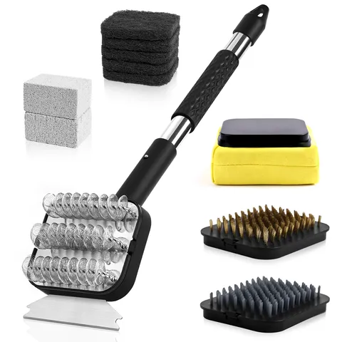 Multifunctional Stainless Steel BBQ Grill Cleaning Brush With Long Handle Scraper Scouring Pad Pumice Stone Scrubbing Set