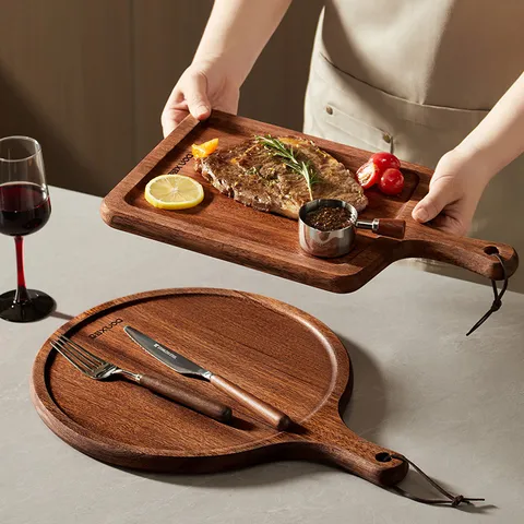 Tagliere da Servizio in Pregiato Legno di Ebano Piatto per Bistecca Vassoio per Pizza Tondo Rettangolare con Manico e Cordino