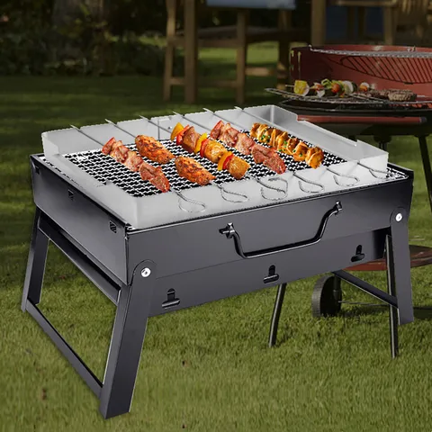 Stainless Steel BBQ Skewers Rack Set Portable Folding Grilling Stand With Metal Skewers For Outdoor Camping Picnic Backyard Party