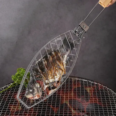 Cesta para Asar Pescado de Hierro Galvanizado Con Mango de Madera Desmontable Red para Asar en Arco Herramienta de Barbacoa Antiadherente para Cocina al Aire Libre
