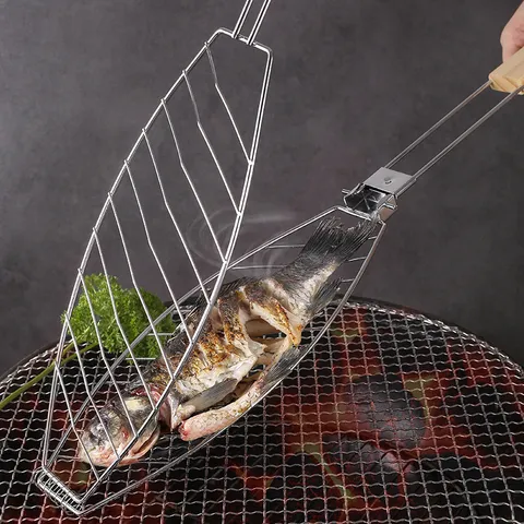 Cesta para Asar Pescado de Hierro Galvanizado Con Mango de Madera Desmontable Red para Asar en Arco Herramienta de Barbacoa Antiadherente para Cocina al Aire Libre