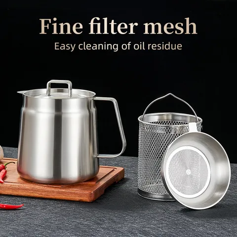 304 Stainless Steel Oil Filter Pot With Mesh Strainer Fryer Basket Household Kitchen Storage Oil Separator Tank Modern Simple Cookware
