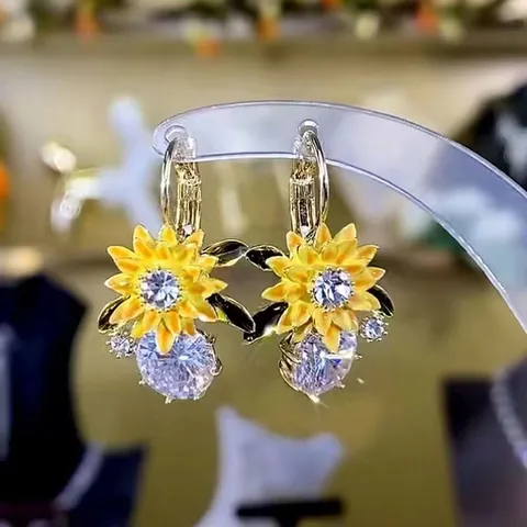 Pastoral Style Sunflower Floral Drop Earrings Sweet Fresh Copper Alloy Rhinestone Inlaid Dangle Earrings For Women Fashion Jewelry Gift