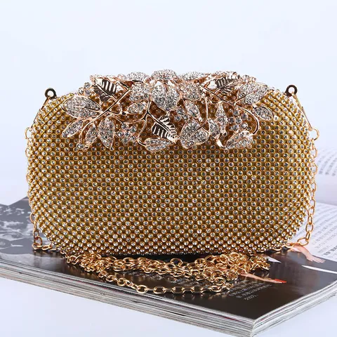 Rhinestone Evening Bag For Women Leaf Flower Handbag Elegant PU Clutch Bag For Wedding Party Banquet Formal Accessory