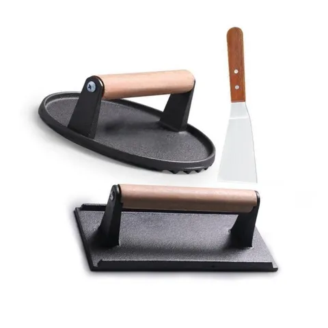 Stainless Steel Grill Press Barbecue Tool Set Cast Iron Meat Weight Professional Burger Press With Wood Handle For Outdoor BBQ Steak Cooking Tools