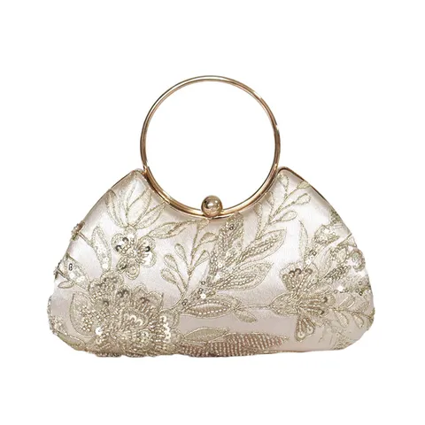 Vintage Flower Embroidery Evening Bag Metal Ring Handle Satin Handmade Beaded Sequin Clutches Elegant Banquet Handbag
