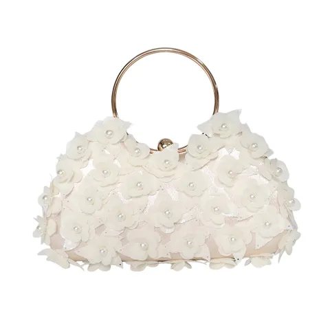 Women Floral Sequins Evening Bag Metallic Ring Handle Luxury Pearl Clasp Dinner Party Wedding Clutch Purse Chain Handbag