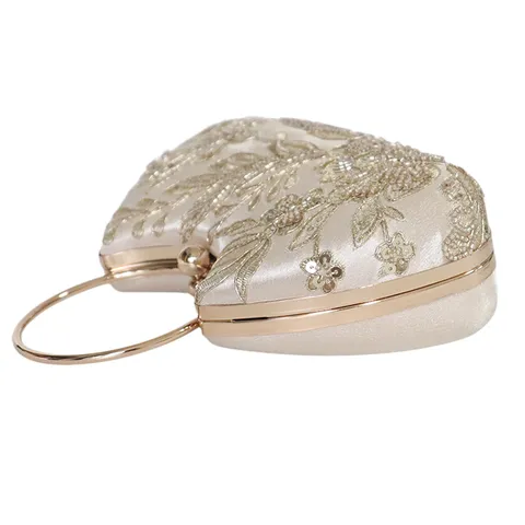 Vintage Flower Embroidery Evening Bag Metal Ring Handle Satin Handmade Beaded Sequin Clutches Elegant Banquet Handbag