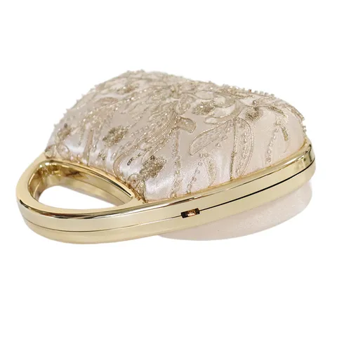 Vintage Floral Embroidered Evening Bag Satin Beaded Clutch Purse With Chain Metal Handle Wedding Party Handbag For Women