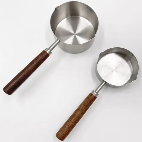 Modern Stainless Steel Mini Oil Pouring Pot With Wooden Handle Handheld Non-Stick Multi-Function Small Cookware For Cooking BBQ Camping Kitchen Accessories