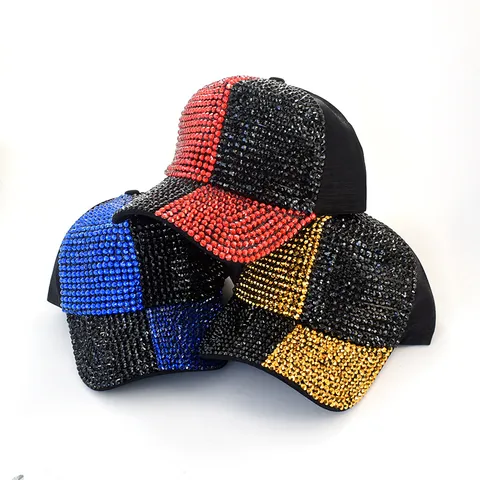 Women Fashion Rhinestone Baseball Cap Korean Style Colorblock Checkered Plaid Sun Protection Sunshade Duckbill Hat Adjustable Casual Travel Outdoor Sport Cap
