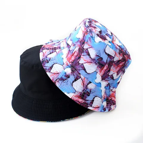 Chapeau Bob Réversible Unisex Imprimé Art Abstrait Calotte Plate Large Bord Polyester Protection Solaire Extérieur