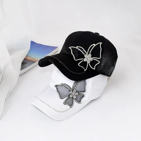 Korean Style Satin Rhinestone Butterfly Baseball Cap For Women Fashion Streetwear M Letter Metal Badge Sunshade Adjustable Hat
