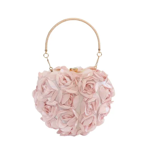 Elegant Polyester Heart Shaped 3D Rose Flower Evening Bag Fashion Luxury Rhinestone Clasp Handbag With Chain For Wedding Party Women