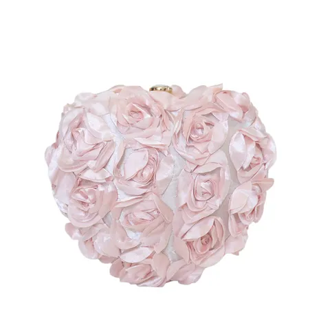 Elegant Polyester Heart Shaped 3D Rose Flower Evening Bag Fashion Luxury Rhinestone Clasp Handbag With Chain For Wedding Party Women