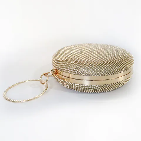 Luxury Round Rhinestone Evening Bag Shiny Sequin Clutch Purse Gold Silver Metallic Ring Handle Handbag For Wedding Party Women