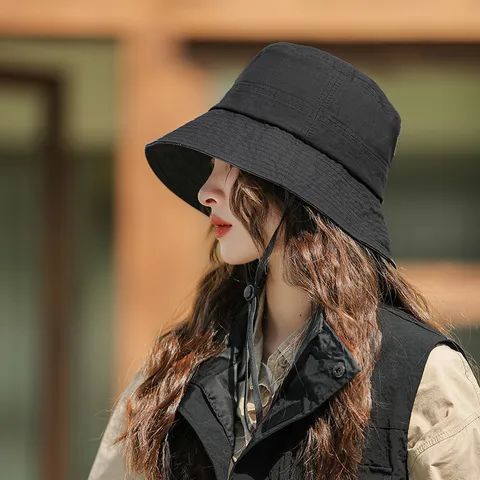 Chapeau Seau en Mélange de Coton Décontracté pour Femmes Couleur Unie Large Bord Protection Solaire Style Japonais Chapeau de Pescador Pliable Avec Cordon Coupe-vent