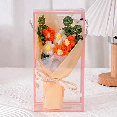 Handgefertigte Gestrickte Wolle Gänseblümchen Blumenstrauß Geschenkbox Mit LED-Licht Ewige Künstliche Blume Für Valentinstag Muttertag Geschenk Dekoration