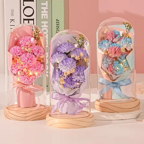 Flores Preservadas Clavel Rosa En Cúpula De Cristal Luz Nocturna LED Luminoso Base De Madera Adorno De Escritorio Decorativo Para Regalo Madre Maestro Hogar