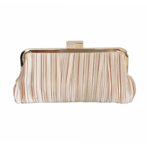 Women Pleated Satin Evening Bag Luxury Rhinestone Clasp Clutch Purse Metallic Chain Shoulder Crossbody Bag For Wedding Party