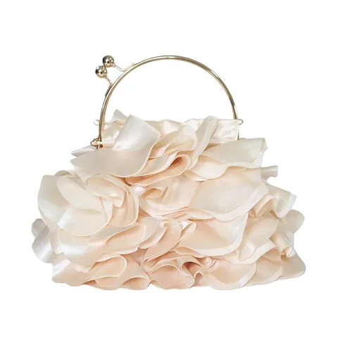Women's Satin Floral Evening Bag Romantic Fabric Petal Clutch With Metal Handle Elegant Wedding Banquet Party Crossbody Chain Bag