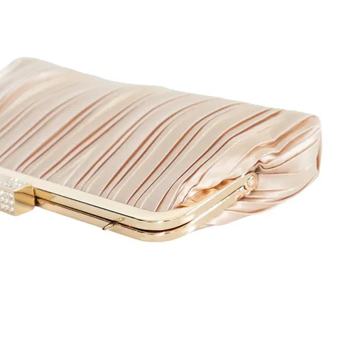 Women Pleated Satin Evening Bag Luxury Rhinestone Clasp Clutch Purse Metallic Chain Shoulder Crossbody Bag For Wedding Party