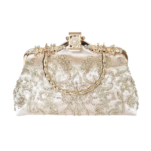 Women Vintage Embroidery Evening Bag Bead Clutch Purse With Metal Bamboo Handle Rhinestone Lock For Banquet Party Qipao Handbag