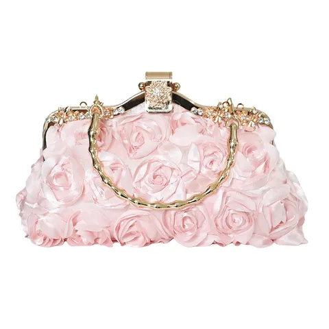 Women 3D Rose Floral Evening Bag Sweet Satin Clutch With Bamboo Handle Rhinestone Clasp Wedding Party Chain Crossbody Bag
