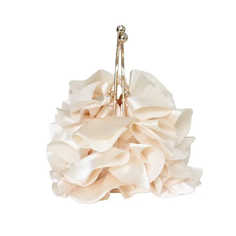 Women's Satin Floral Evening Bag Romantic Fabric Petal Clutch With Metal Handle Elegant Wedding Banquet Party Crossbody Chain Bag