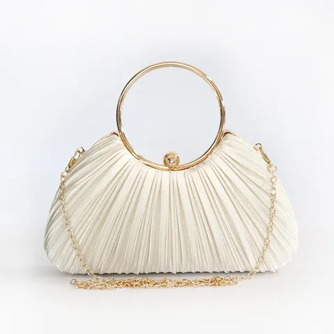 Handmade Pleated Evening Bag With Metal Ring Handle Satin-Look Polyester Banquet Party Wedding Clutch Handheld Purse For Women