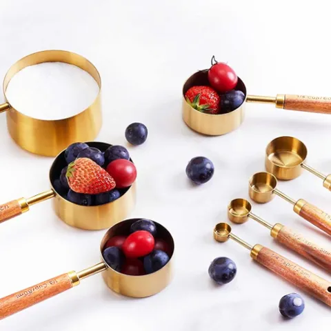 Tasses Et Cuillères À Mesurer En Acier Inoxydable Or Rose Avec Manche En Bois D'acacia Outils De Cuisine Professionnels