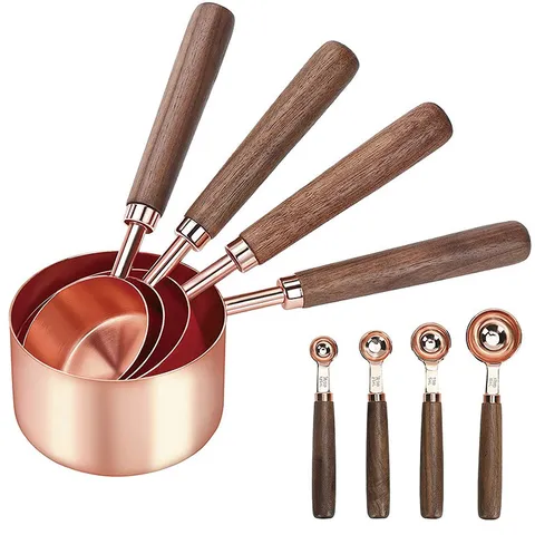 Set di Tazze E Cucchiaini Dosatori in Acciaio Inossidabile Oro Rosa Con Manico in Legno di Noce Strumento da Cucina per Cottura Al Forno Scala Cucchiaio Da Caffè Strumento di Misurazione
