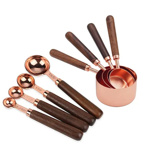 Set di Tazze E Cucchiaini Dosatori in Acciaio Inossidabile Oro Rosa Con Manico in Legno di Noce Strumento da Cucina per Cottura Al Forno Scala Cucchiaio Da Caffè Strumento di Misurazione