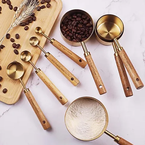 Tasses Et Cuillères À Mesurer En Acier Inoxydable Or Rose Avec Manche En Bois D'acacia Outils De Cuisine Professionnels