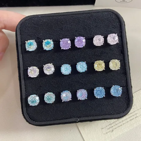 Orecchini a Bottone in Zirconia Taglio a Rosa del Millennio per Donna Blu Viola Rosa Sfumato Taglio a Fuoco d'Artificio Gioielli Geometrici Colorati