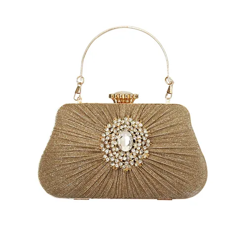 Luxury Rhinestone Pleated Evening Clutch Bag For Women Vintage Floral Banquet Wedding Handbag With Metal Round Handle