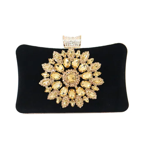 Women Luxurious Satin Evening Bag Rhinestone Sunflower Clutch Handbag With Detachable Chain Strap For Banquet Party Wedding