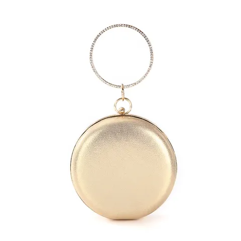 Luxury Women Circular PU Leather Evening Clutch Bag Handmade Rhinestone Ring Handle Minimalist Banquet Wedding Party Handbag