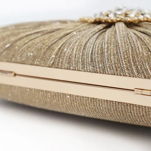 Luxury Rhinestone Pleated Evening Clutch Bag For Women Vintage Floral Banquet Wedding Handbag With Metal Round Handle