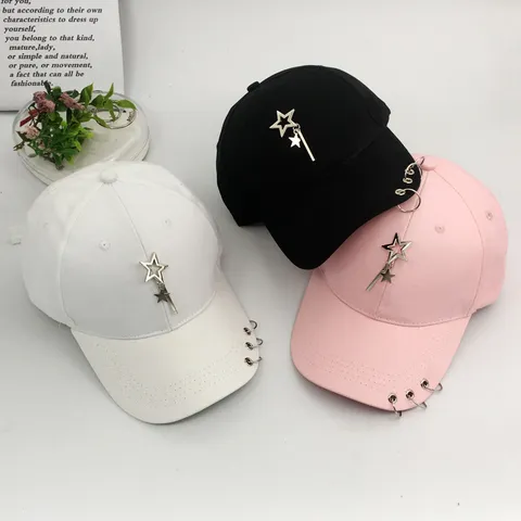 Korean Style Hip Hop Baseball Cap With Star Pendant And Iron Rings Cotton Casual Women Sun Hat Fashion Streetwear Cap