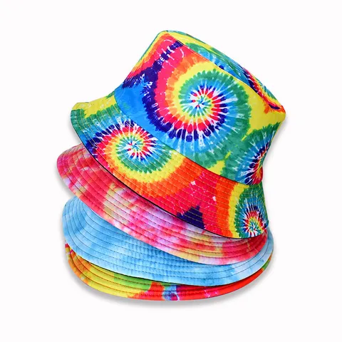 Chapeau Bob Réversible en Polyester Tie Dye Arc-en-Ciel Patchwork Top Plat Large Bord Protection Solaire Streetwear Panama pour Hommes Femmes Quotidien