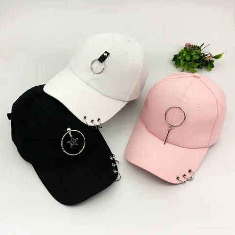 Casquette de Baseball en Coton Punk Street Hip Hop Avec Anneaux Métalliques Pendentif Chaîne Bord Incurvé Réglable Chapeau Parasole pour Femmes Hommes