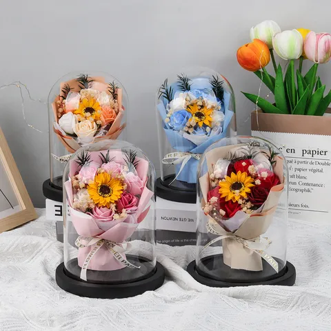 Glowing Glass Dome Sunflower Soap Rose Bouquet Night Light Romantic LED Artificial Flower Gift For Valentine Day Home Decor