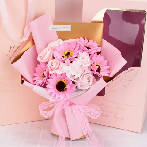 Ramo de Flores de Jabón de Girasol y Rosa Hecho a Mano Elegante Paquete con Ventana Regalo de Graduación para el Día del Maestro Decoración del Hogar