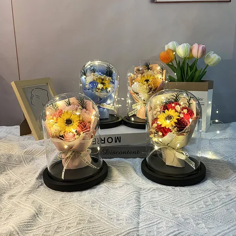 Glowing Glass Dome Sunflower Soap Rose Bouquet Night Light Romantic LED Artificial Flower Gift For Valentine Day Home Decor