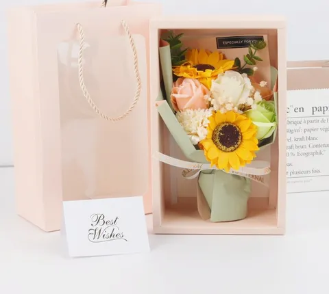 Sunflower Soap Flower Bouquet Gift Box Artificial Carnation Rose Flowers For Teacher's Day Graduation Mother's Day Pink Gift Set