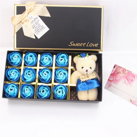 Caja de Regalo de Flores de Jabón Hecha a Mano Romántica Ramo de Rosas de Simulación Degradadas Con Oso de Peluche para Regalo