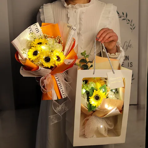 Artificial Sunflower Dried Flower Bouquet With LED Light Gift Bag For Teacher Day Graduation Romantic Flower Decor